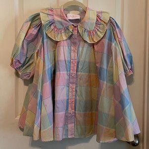 Selkie Plaid Puff Blouse NWT with exaggerated puff sleeves and ruffles